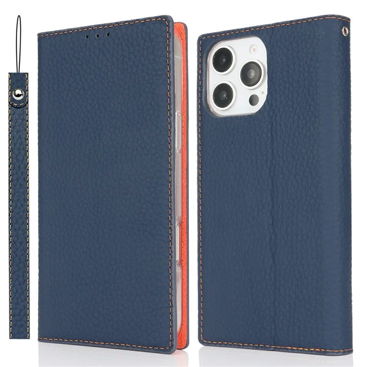 For iPhone 16 Pro Wallet Case Genuine Cow Leather Phone Cover Litchi Texture