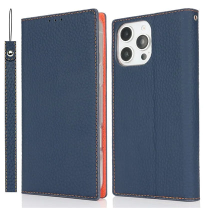 For iPhone 16 Pro Wallet Case Genuine Cow Leather Phone Cover Litchi Texture