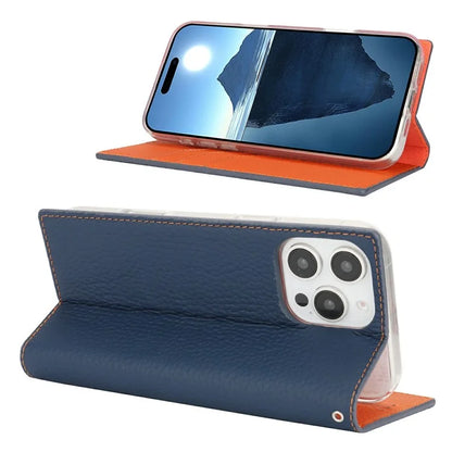 For iPhone 16 Pro Wallet Case Genuine Cow Leather Phone Cover Litchi Texture