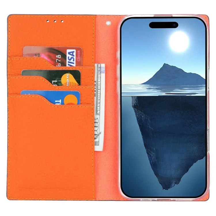 For iPhone 16 Pro Wallet Case Genuine Cow Leather Phone Cover Litchi Texture
