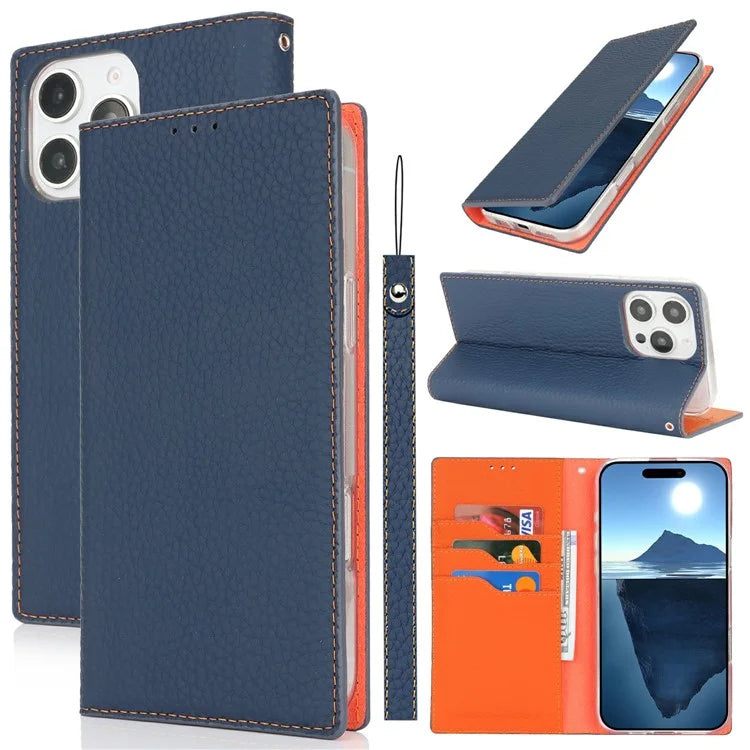 For iPhone 16 Pro Wallet Case Genuine Cow Leather Phone Cover Litchi Texture