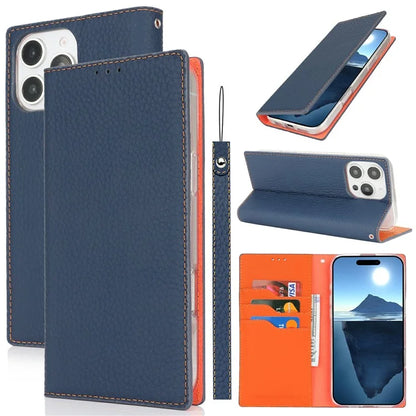 For iPhone 16 Pro Wallet Case Genuine Cow Leather Phone Cover Litchi Texture