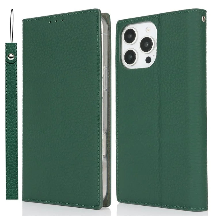 For iPhone 16 Pro Wallet Case Genuine Cow Leather Phone Cover Litchi Texture