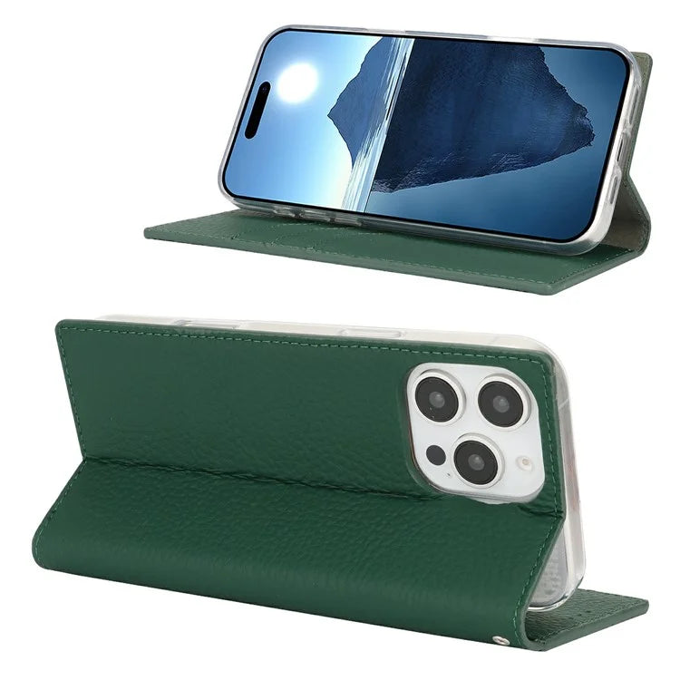 For iPhone 16 Pro Wallet Case Genuine Cow Leather Phone Cover Litchi Texture