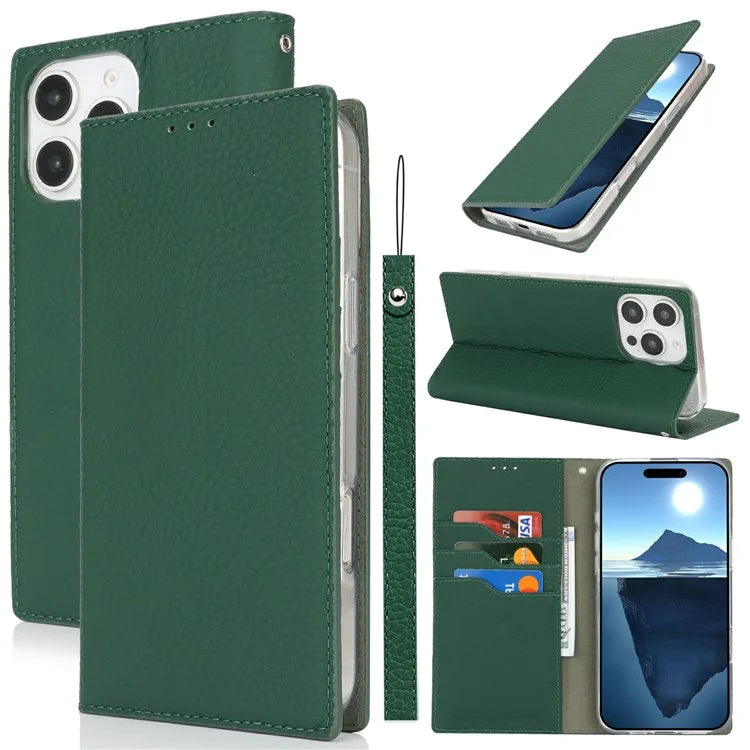 For iPhone 16 Pro Wallet Case Genuine Cow Leather Phone Cover Litchi Texture