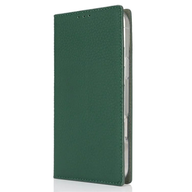 For iPhone 16 Pro Wallet Case Genuine Cow Leather Phone Cover Litchi Texture