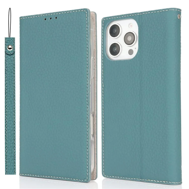 For iPhone 16 Pro Wallet Case Genuine Cow Leather Phone Cover Litchi Texture