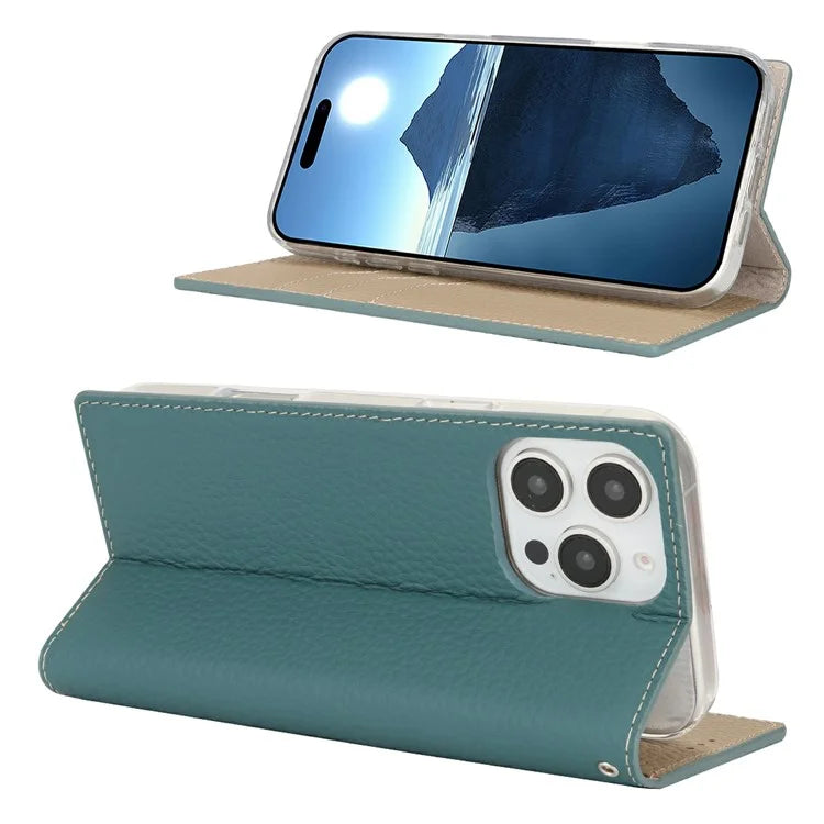 For iPhone 16 Pro Wallet Case Genuine Cow Leather Phone Cover Litchi Texture