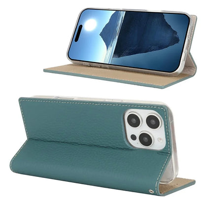 For iPhone 16 Pro Wallet Case Genuine Cow Leather Phone Cover Litchi Texture