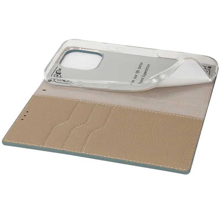 For iPhone 16 Pro Wallet Case Genuine Cow Leather Phone Cover Litchi Texture