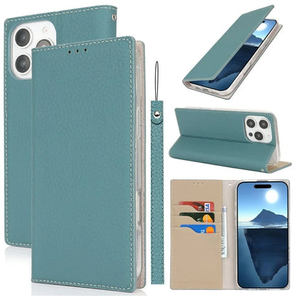 For iPhone 16 Pro Wallet Case Genuine Cow Leather Phone Cover Litchi Texture