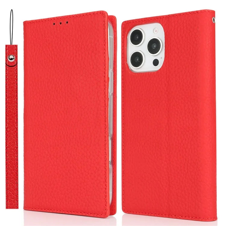 For iPhone 16 Pro Wallet Case Genuine Cow Leather Phone Cover Litchi Texture