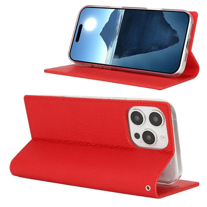 For iPhone 16 Pro Wallet Case Genuine Cow Leather Phone Cover Litchi Texture