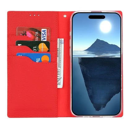 For iPhone 16 Pro Wallet Case Genuine Cow Leather Phone Cover Litchi Texture