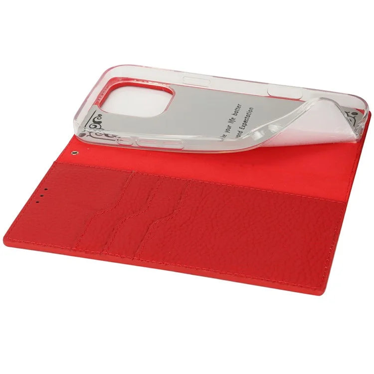For iPhone 16 Pro Wallet Case Genuine Cow Leather Phone Cover Litchi Texture