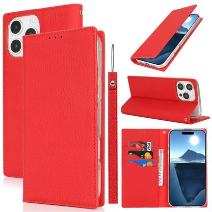 For iPhone 16 Pro Wallet Case Genuine Cow Leather Phone Cover Litchi Texture