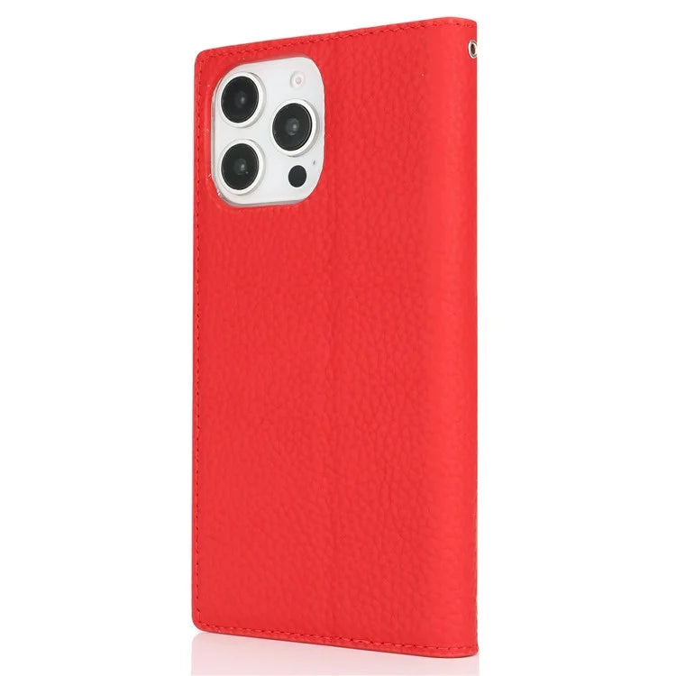For iPhone 16 Pro Wallet Case Genuine Cow Leather Phone Cover Litchi Texture