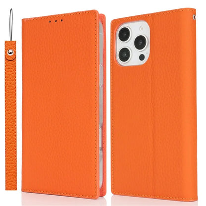 For iPhone 16 Pro Wallet Case Genuine Cow Leather Phone Cover Litchi Texture