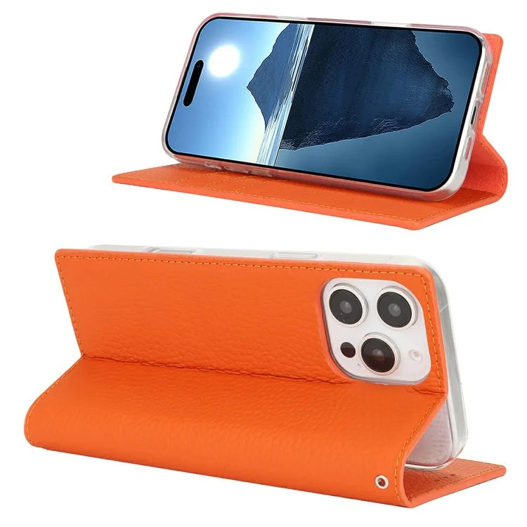 For iPhone 16 Pro Wallet Case Genuine Cow Leather Phone Cover Litchi Texture