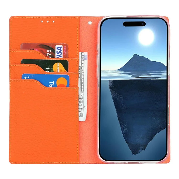 For iPhone 16 Pro Wallet Case Genuine Cow Leather Phone Cover Litchi Texture