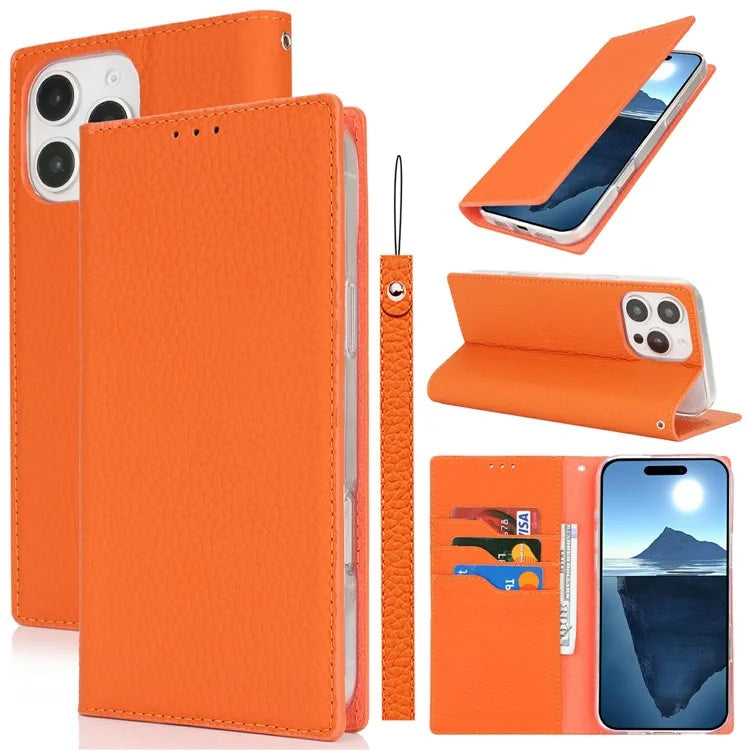 For iPhone 16 Pro Wallet Case Genuine Cow Leather Phone Cover Litchi Texture