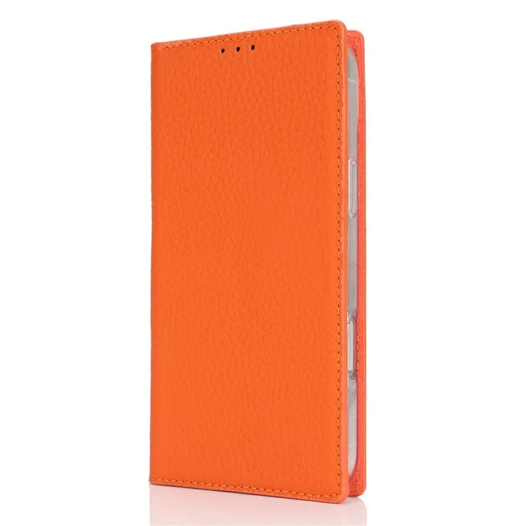 For iPhone 16 Pro Wallet Case Genuine Cow Leather Phone Cover Litchi Texture