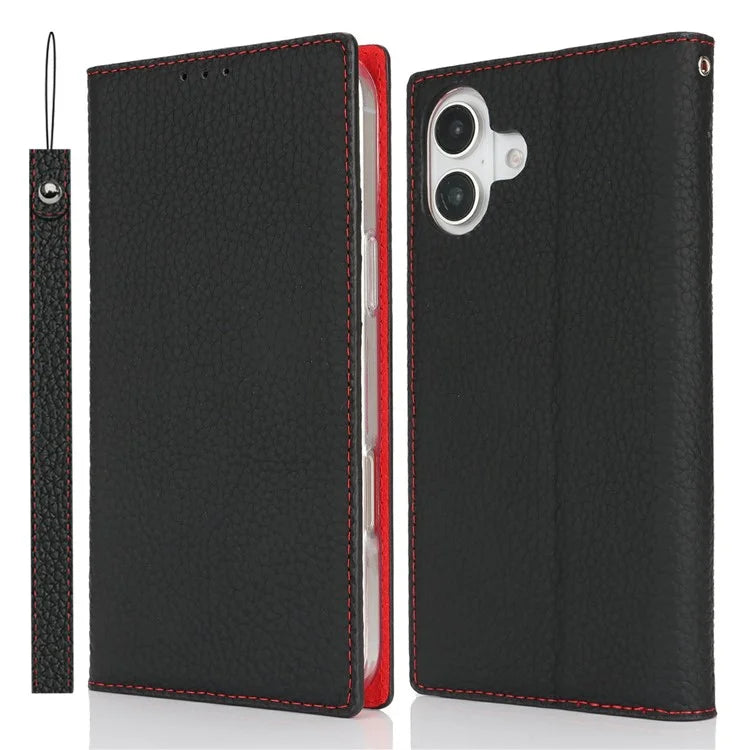 For iPhone 16 Wallet Case Genuine Cow Leather Phone Cover Litchi Texture