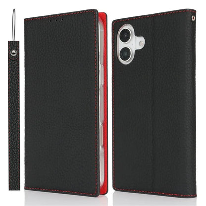 For iPhone 16 Wallet Case Genuine Cow Leather Phone Cover Litchi Texture