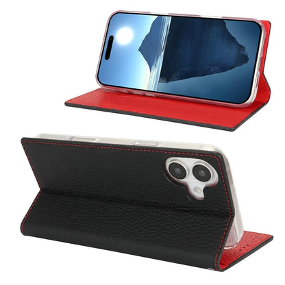 For iPhone 16 Wallet Case Genuine Cow Leather Phone Cover Litchi Texture