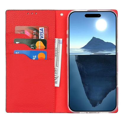 For iPhone 16 Wallet Case Genuine Cow Leather Phone Cover Litchi Texture