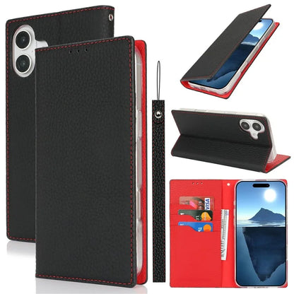 For iPhone 16 Wallet Case Genuine Cow Leather Phone Cover Litchi Texture