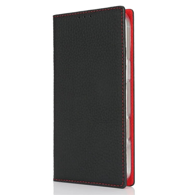 For iPhone 16 Wallet Case Genuine Cow Leather Phone Cover Litchi Texture