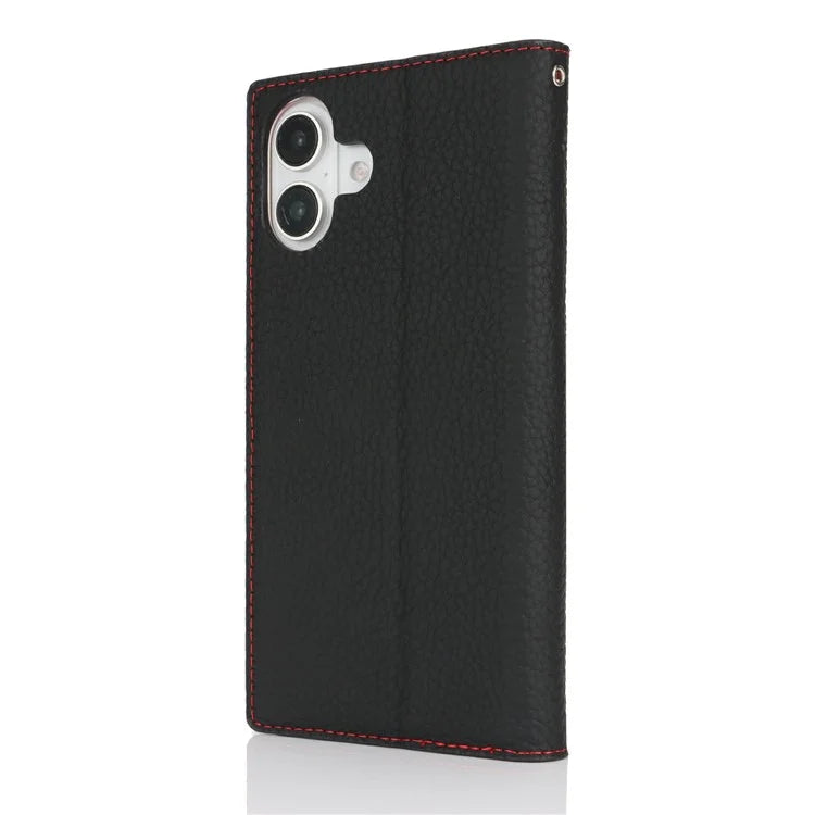 For iPhone 16 Wallet Case Genuine Cow Leather Phone Cover Litchi Texture