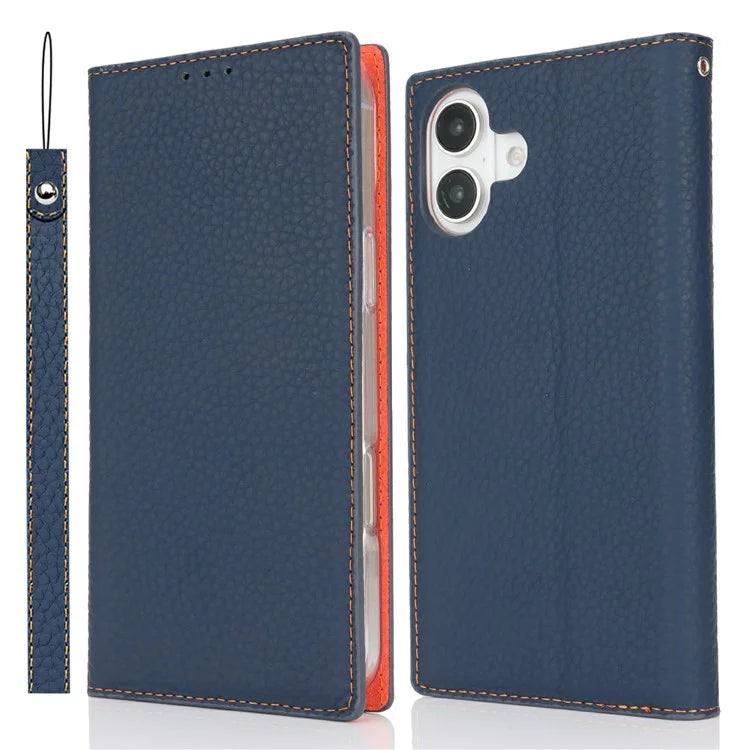 For iPhone 16 Wallet Case Genuine Cow Leather Phone Cover Litchi Texture