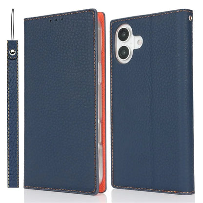 For iPhone 16 Wallet Case Genuine Cow Leather Phone Cover Litchi Texture