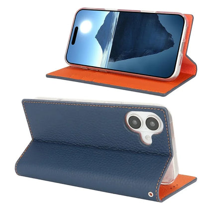For iPhone 16 Wallet Case Genuine Cow Leather Phone Cover Litchi Texture