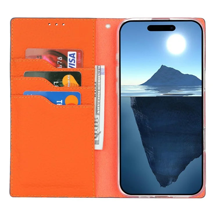 For iPhone 16 Wallet Case Genuine Cow Leather Phone Cover Litchi Texture