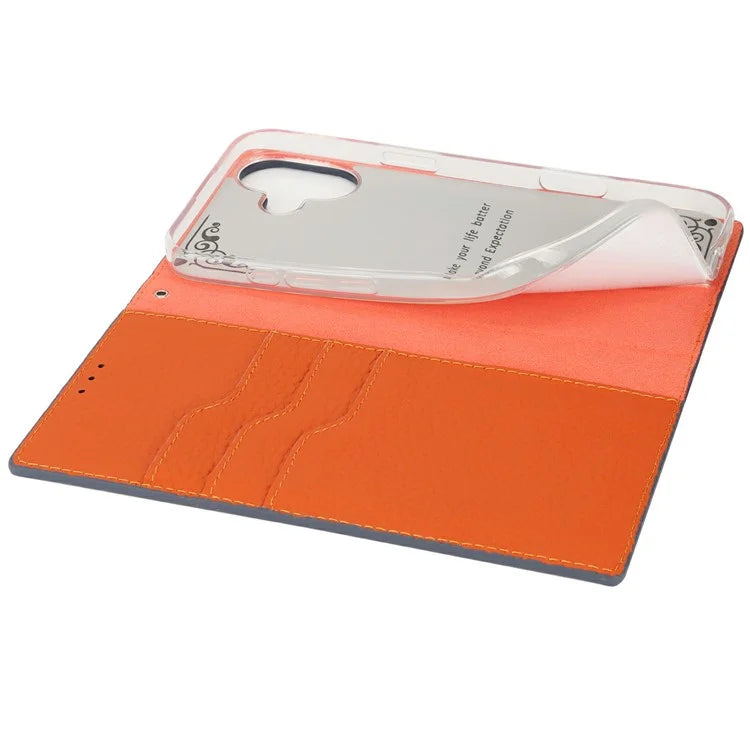 For iPhone 16 Wallet Case Genuine Cow Leather Phone Cover Litchi Texture