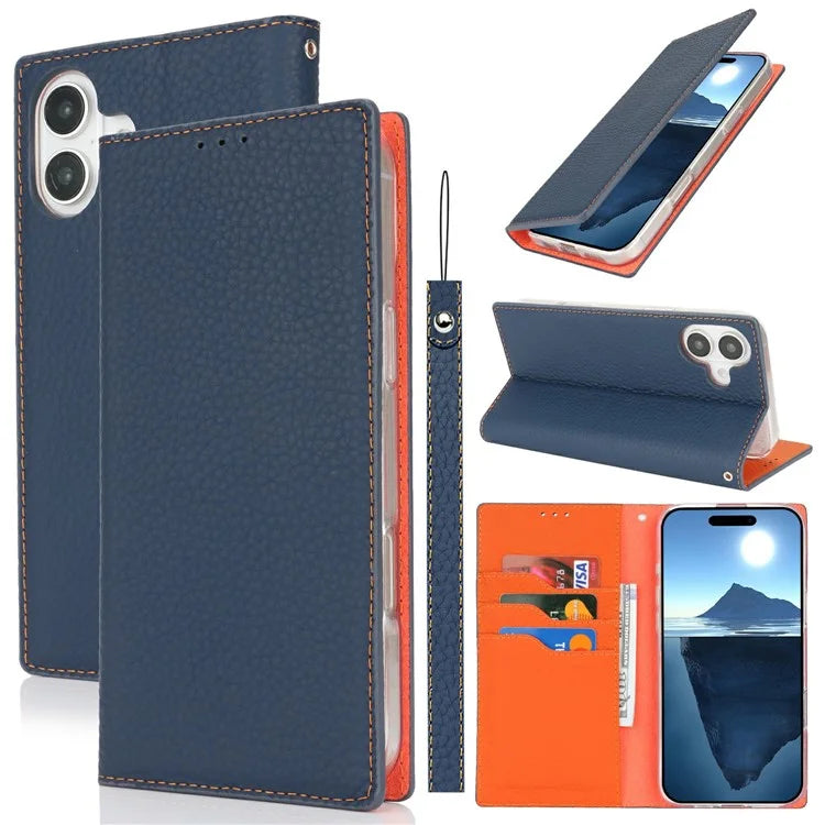 For iPhone 16 Wallet Case Genuine Cow Leather Phone Cover Litchi Texture