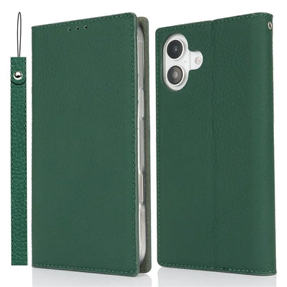 For iPhone 16 Wallet Case Genuine Cow Leather Phone Cover Litchi Texture