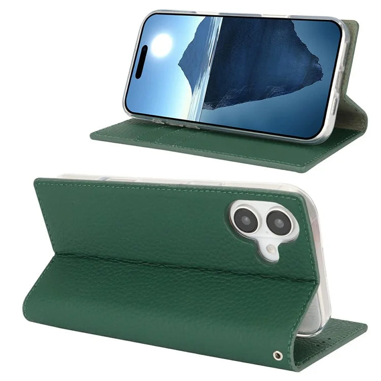 For iPhone 16 Wallet Case Genuine Cow Leather Phone Cover Litchi Texture