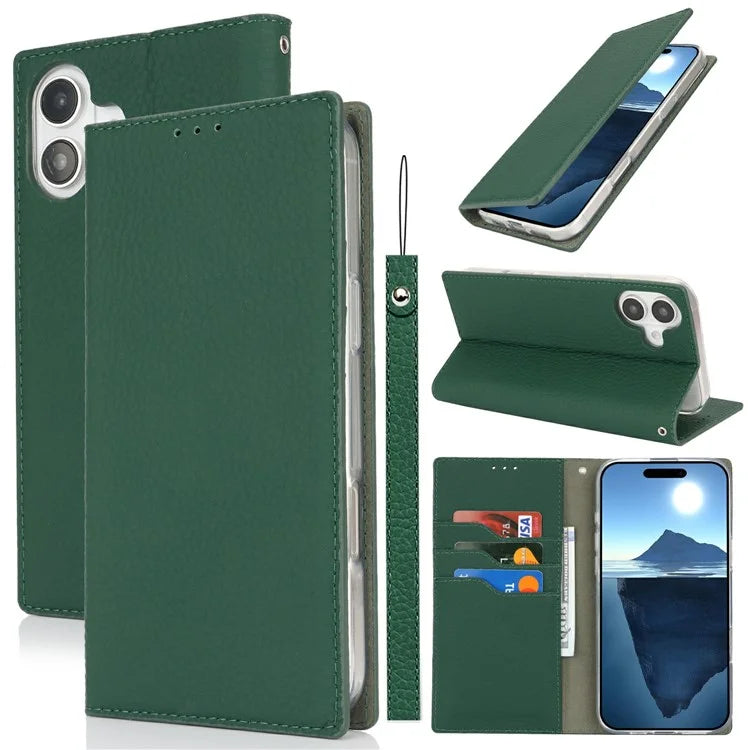 For iPhone 16 Wallet Case Genuine Cow Leather Phone Cover Litchi Texture