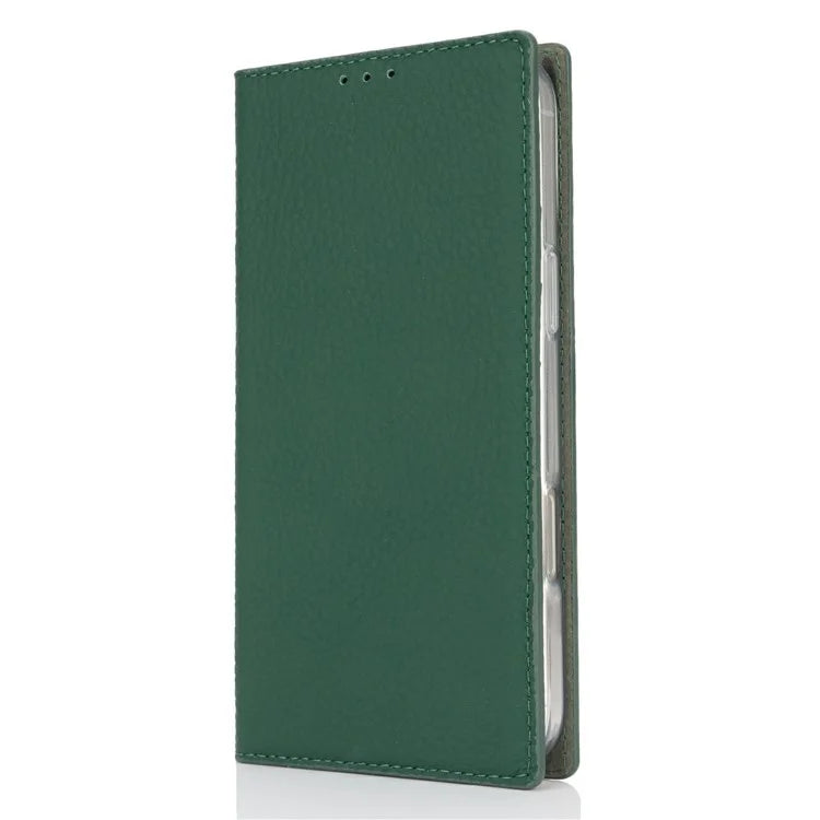 For iPhone 16 Wallet Case Genuine Cow Leather Phone Cover Litchi Texture