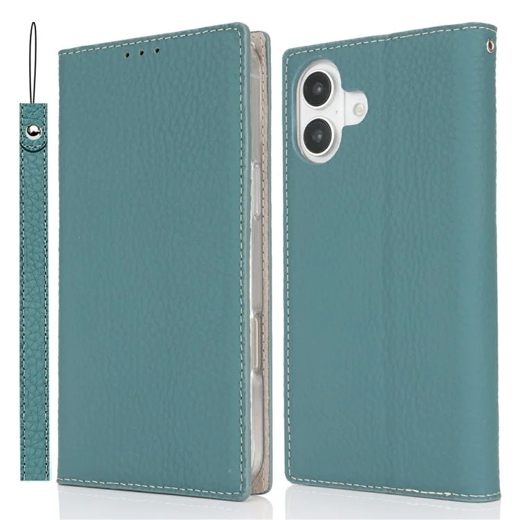 For iPhone 16 Wallet Case Genuine Cow Leather Phone Cover Litchi Texture