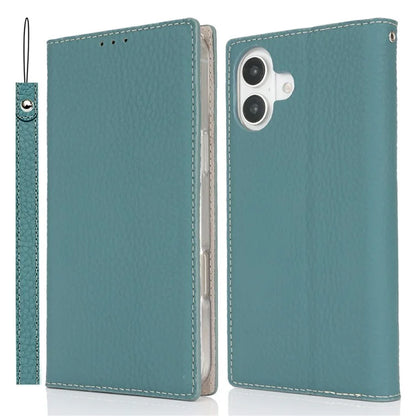 For iPhone 16 Wallet Case Genuine Cow Leather Phone Cover Litchi Texture