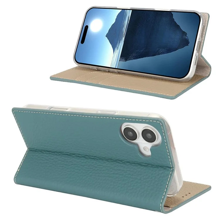 For iPhone 16 Wallet Case Genuine Cow Leather Phone Cover Litchi Texture
