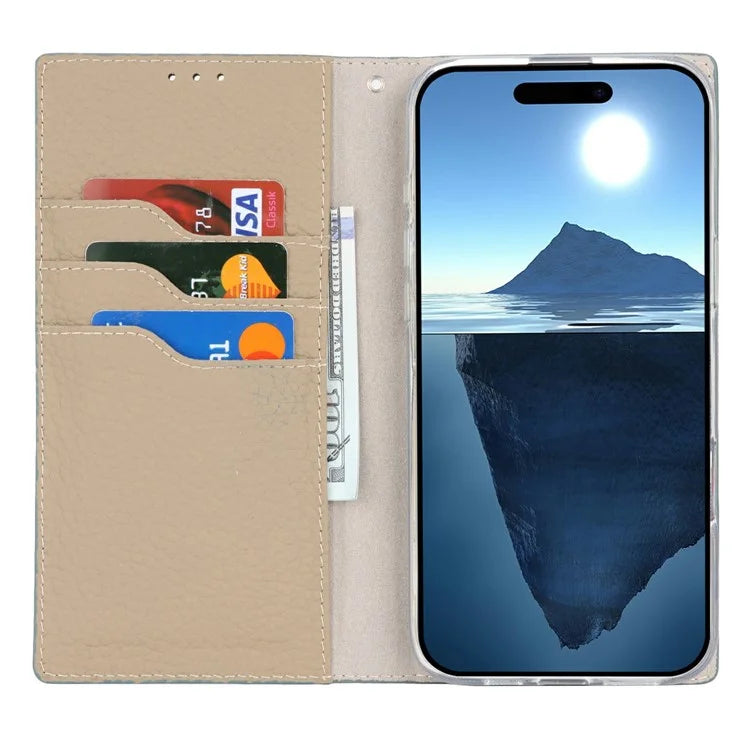 For iPhone 16 Wallet Case Genuine Cow Leather Phone Cover Litchi Texture
