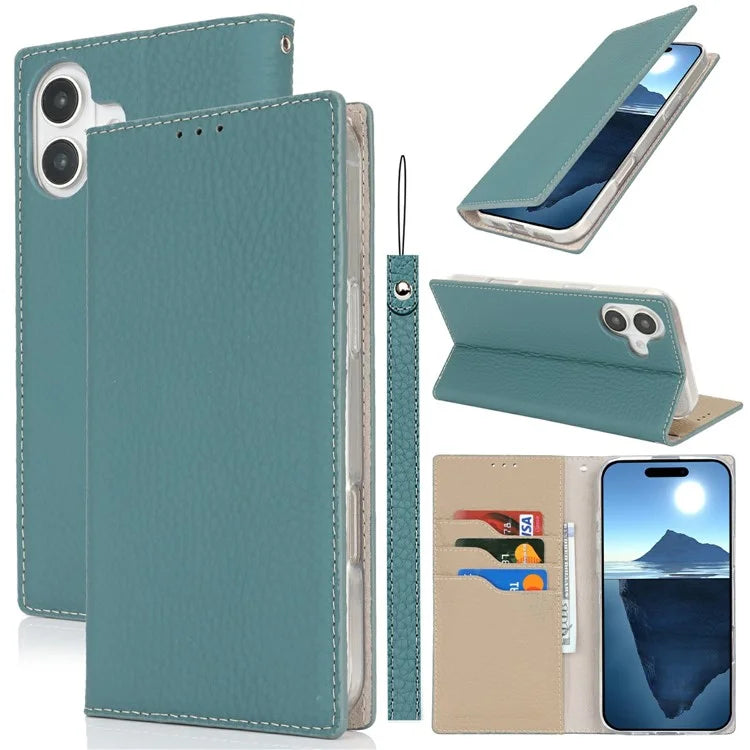 For iPhone 16 Wallet Case Genuine Cow Leather Phone Cover Litchi Texture