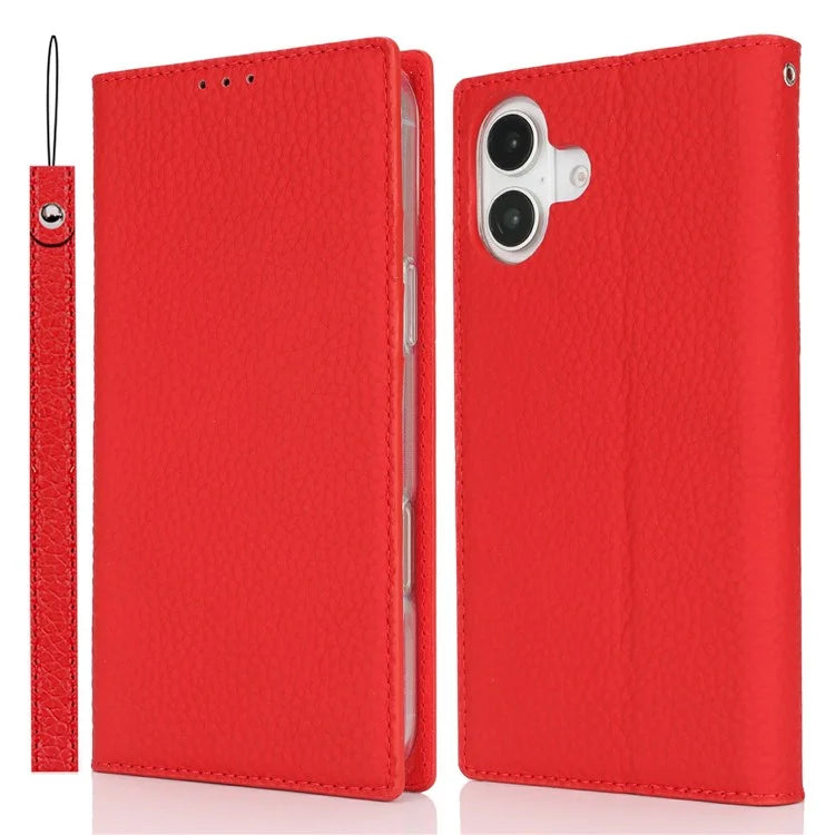 For iPhone 16 Wallet Case Genuine Cow Leather Phone Cover Litchi Texture