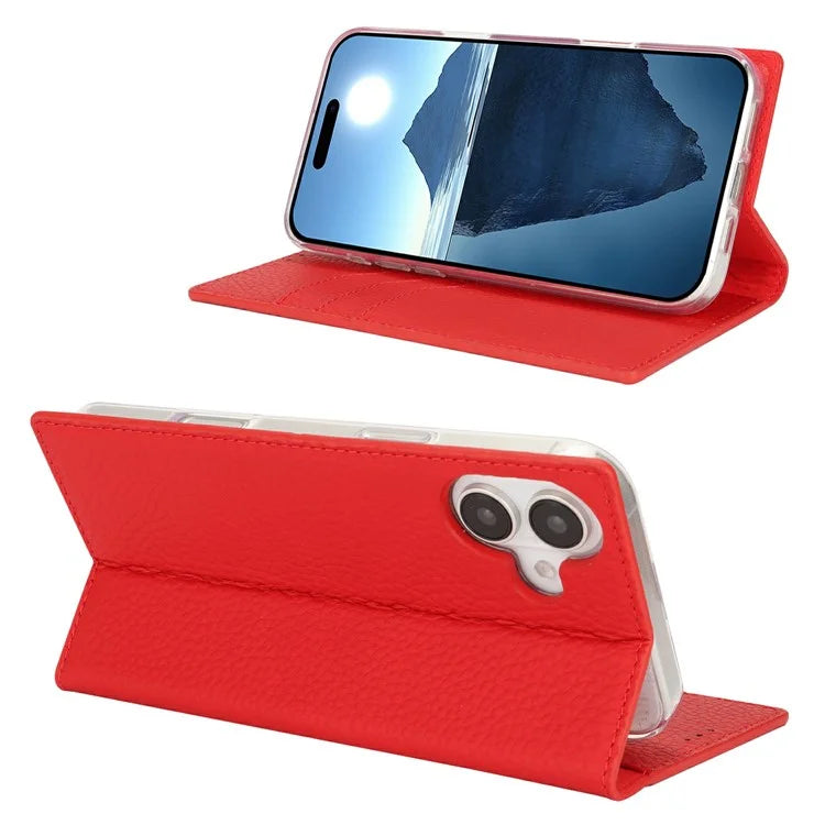 For iPhone 16 Wallet Case Genuine Cow Leather Phone Cover Litchi Texture